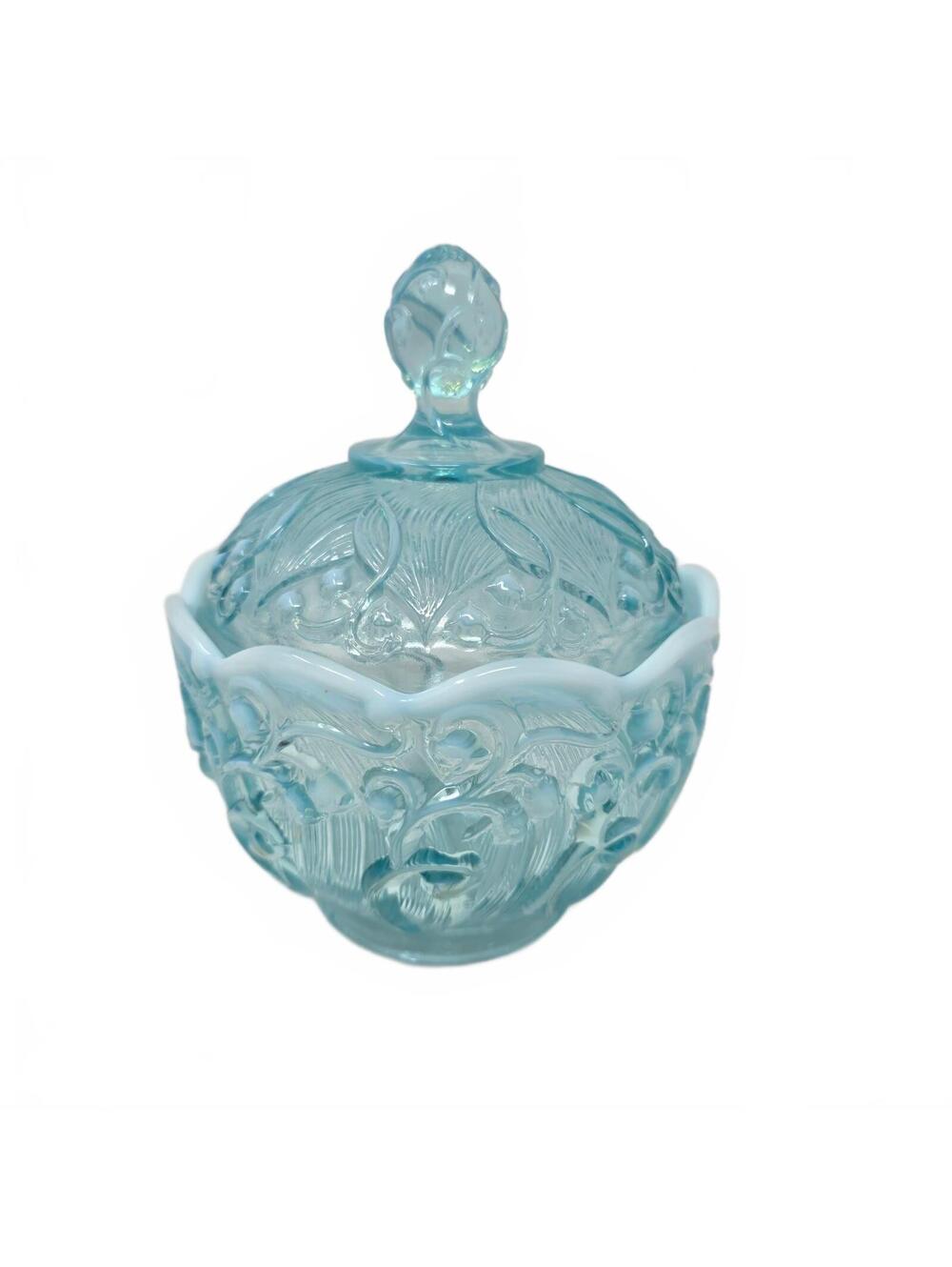 Vintage Fenton Blue Opalescent Lily of the Valley Covered Candy Dish